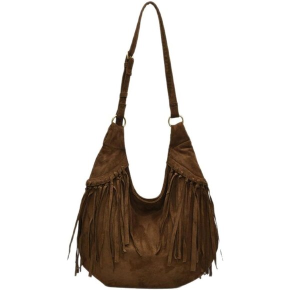 Women Vintage Suede Fringe Hobo Bag Tote Shoulder Bag Crossbody Bag and Hippie W